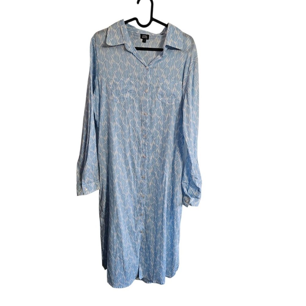 Terre Rouge Women Large Blue White Leaf Print Cotton Shirt Dress European Resort - Picture 2 of 7
